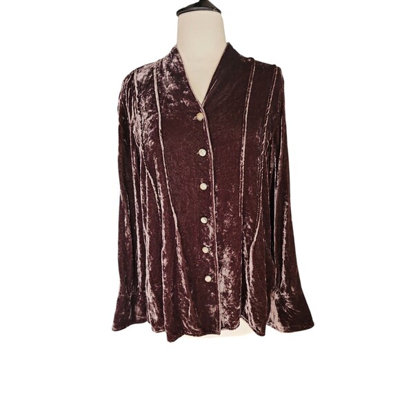 J. Jill Mocha Brown Crushed Velvet Blouse Women's Size LT Victorian Button Down - Picture 1 of 7